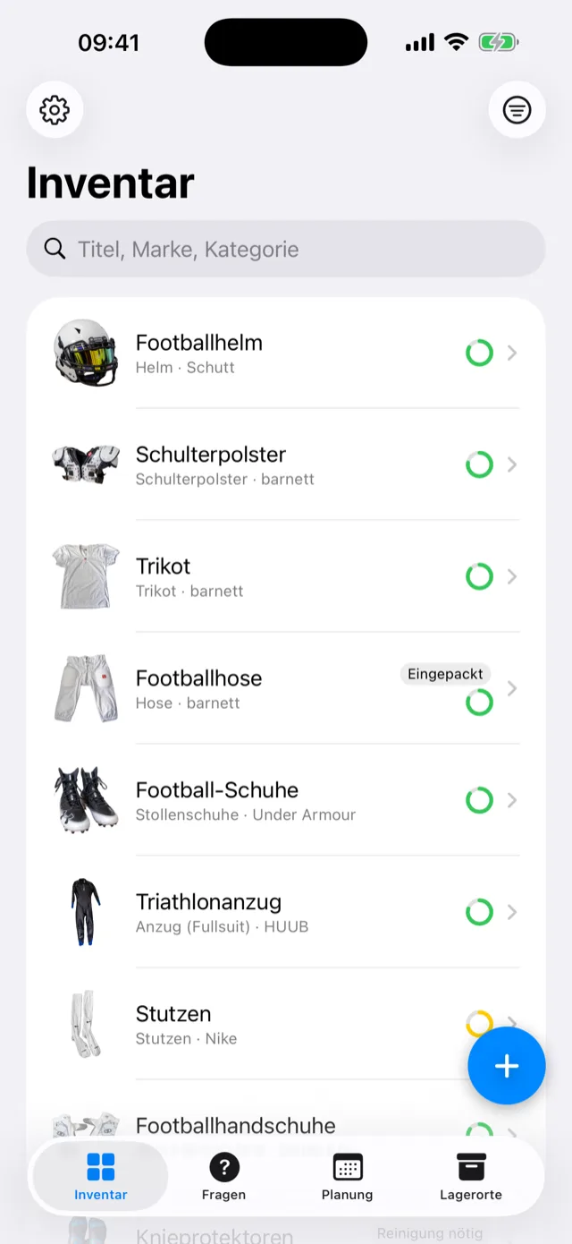 Die Inventarliste mit freigestellten Fotos und Vollständigkeitsringen