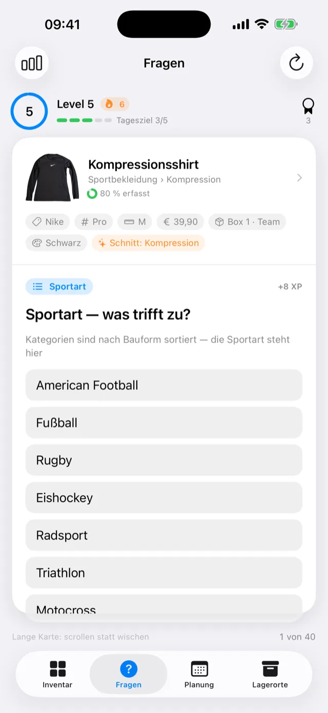 Der Fragenkatalog mit einer offenen Frage zur Größe