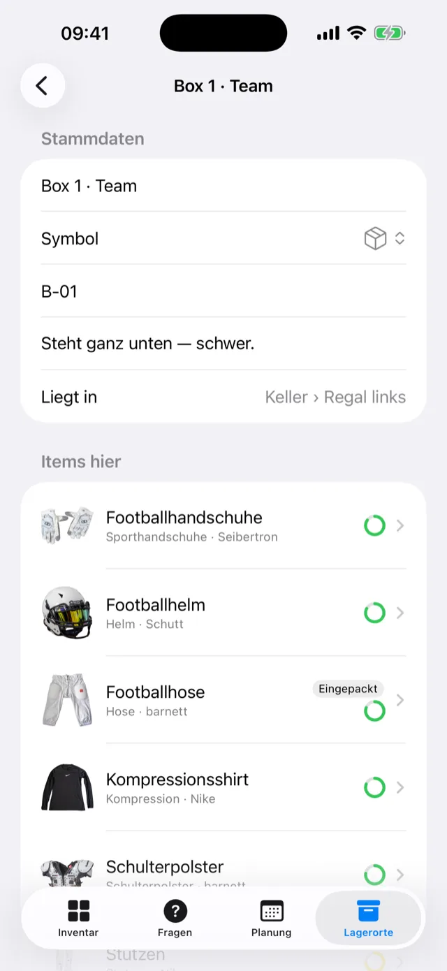 Der Lagerortbaum mit Kisten und NFC-Tags