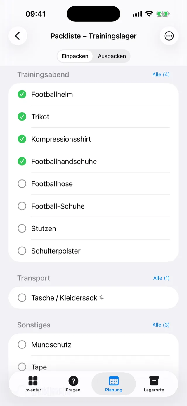 Eine halb abgehakte Packliste zu einem Termin