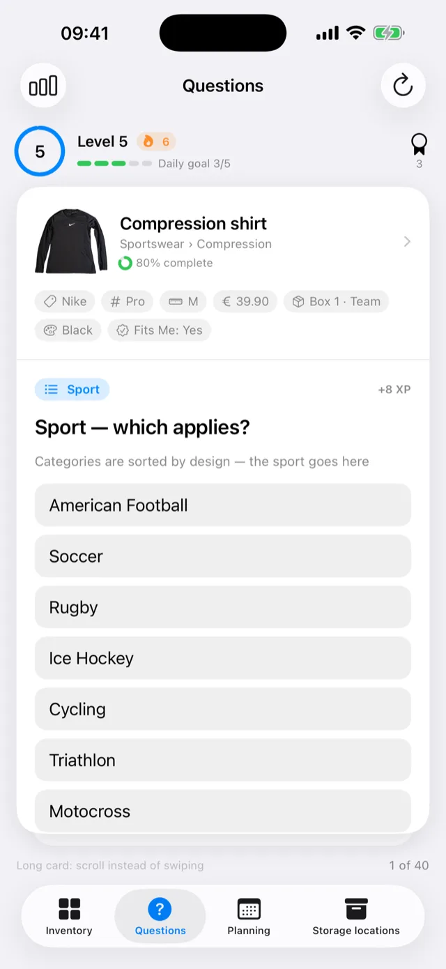 The question catalogue with an open question about size