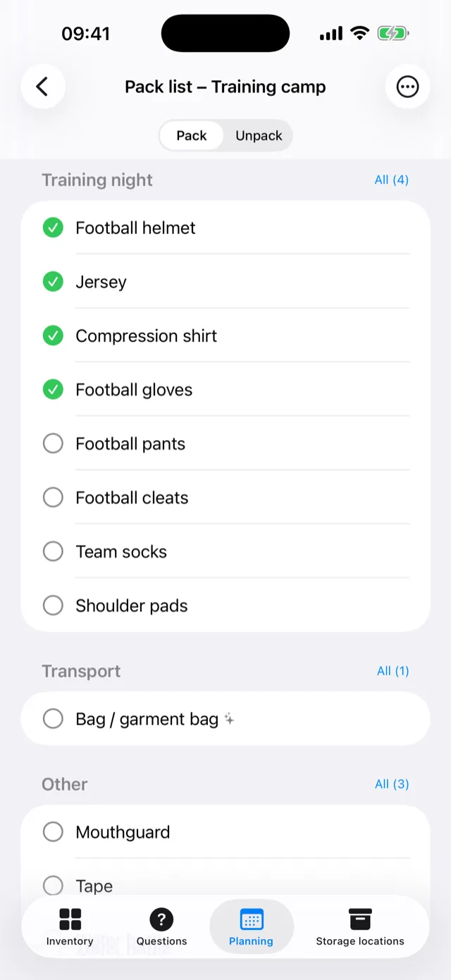 A half-ticked packing list for an event