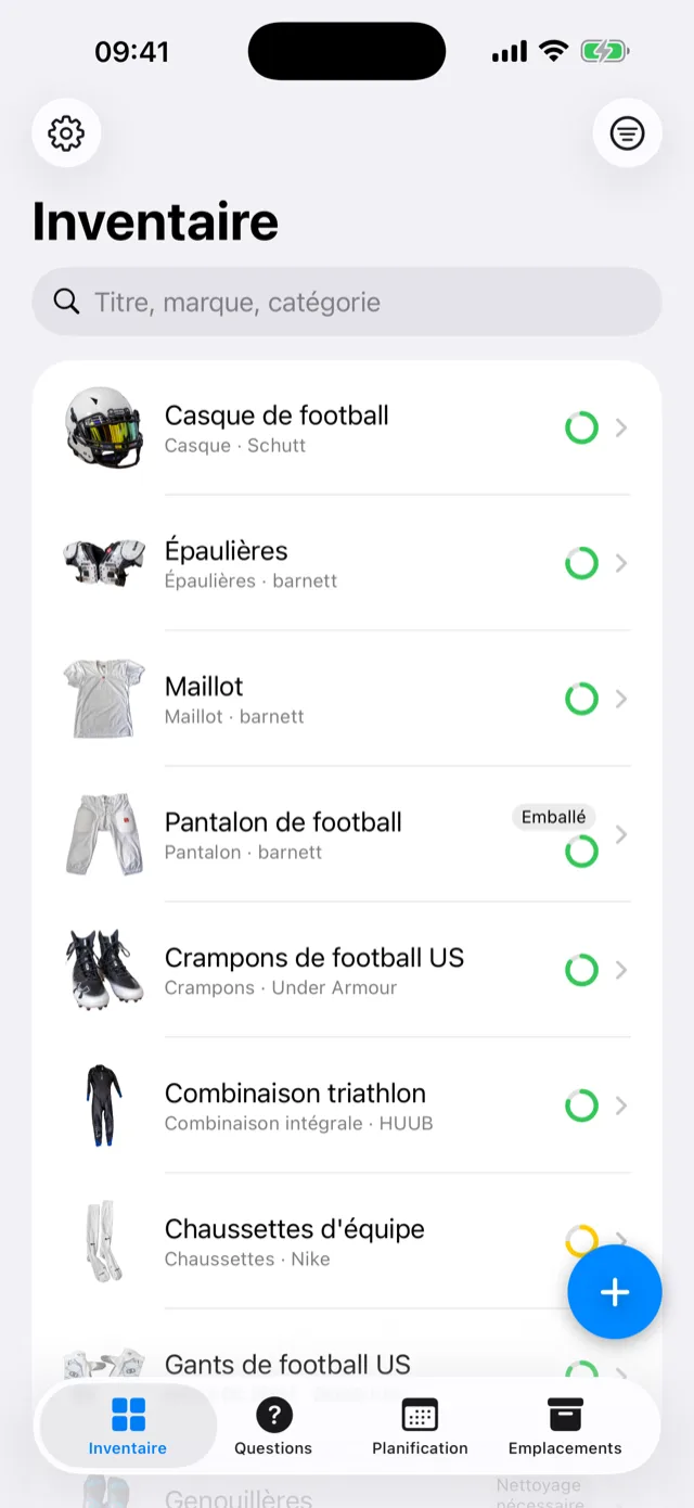 La liste d'inventaire avec photos détourées et anneaux de complétude