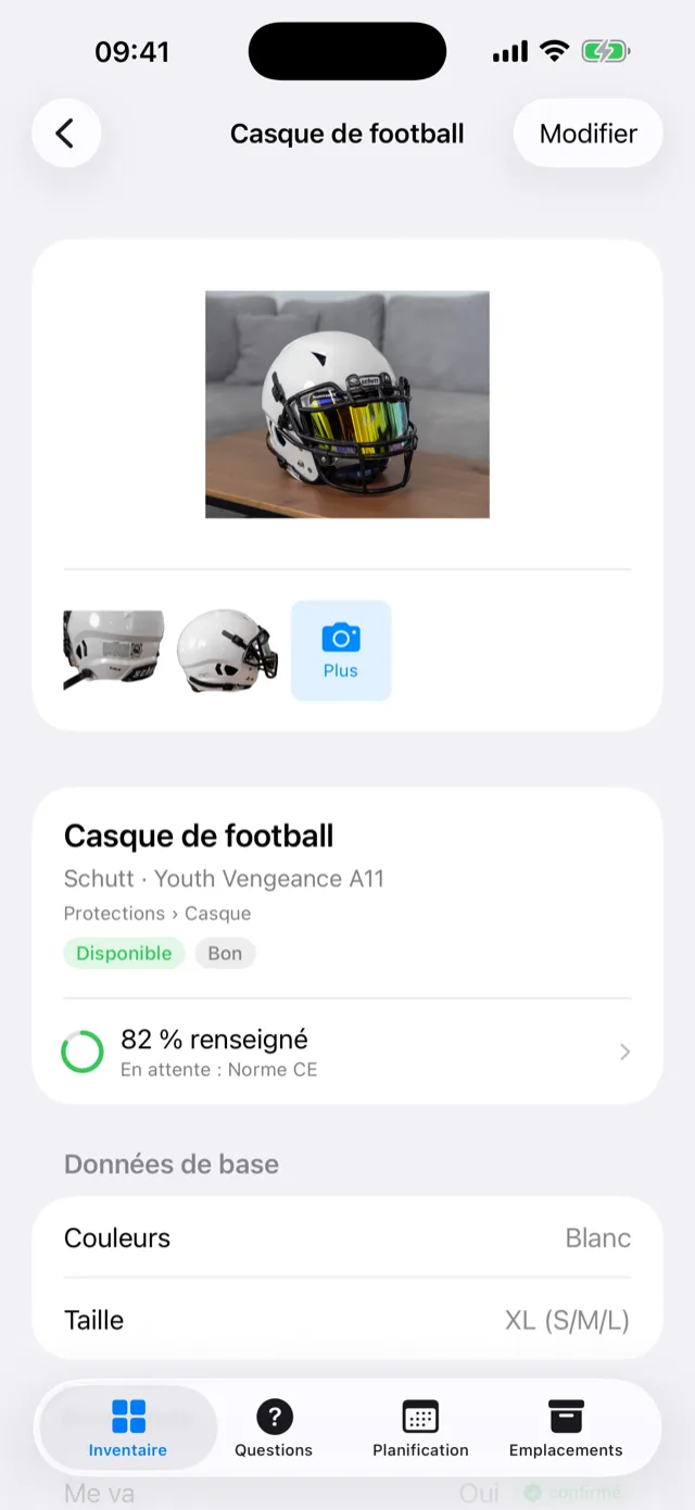La fiche d'une pièce avec ses attributs et l'origine des valeurs