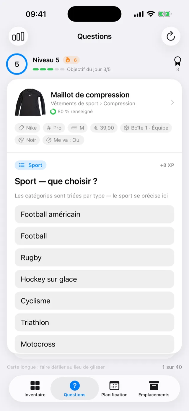 Le catalogue de questions avec une question ouverte sur la taille